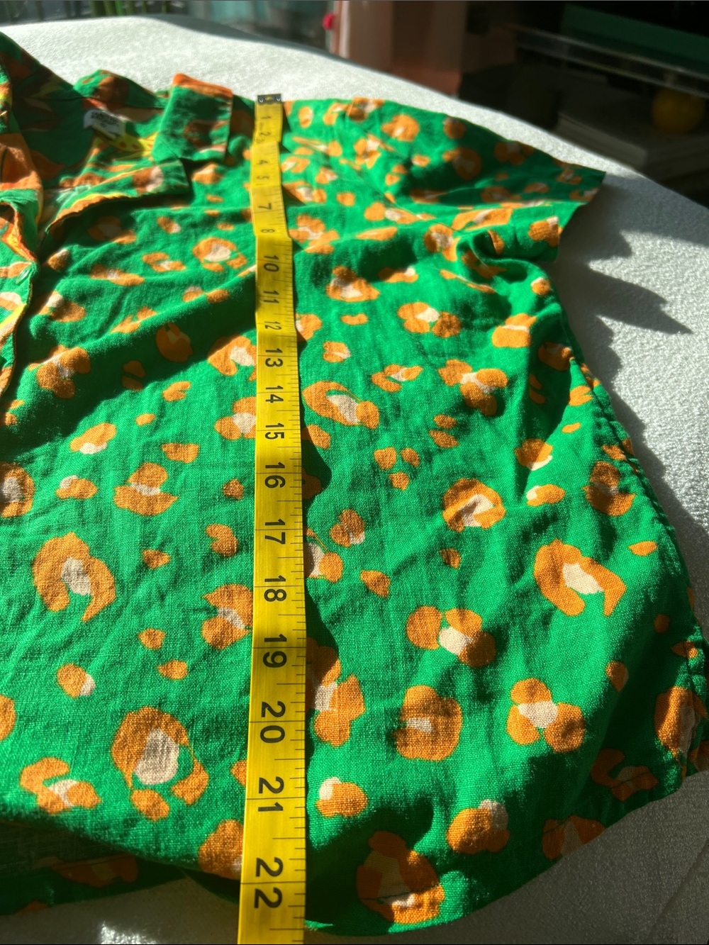 Woman’s Green and Orange Patchwork Floral Button-Down Linen Shirt - Picture 9 of 10